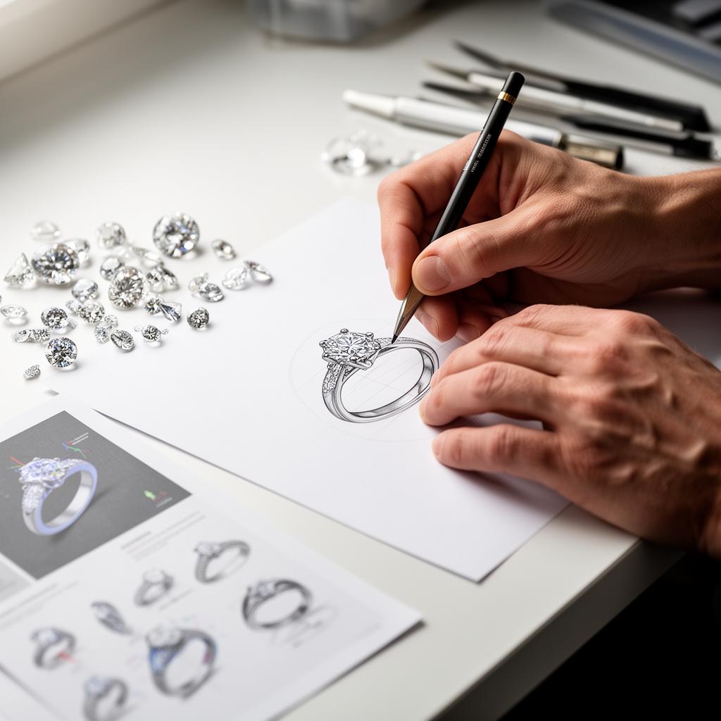 Jewelry designer sketching a custom ring next to loose diamonds
